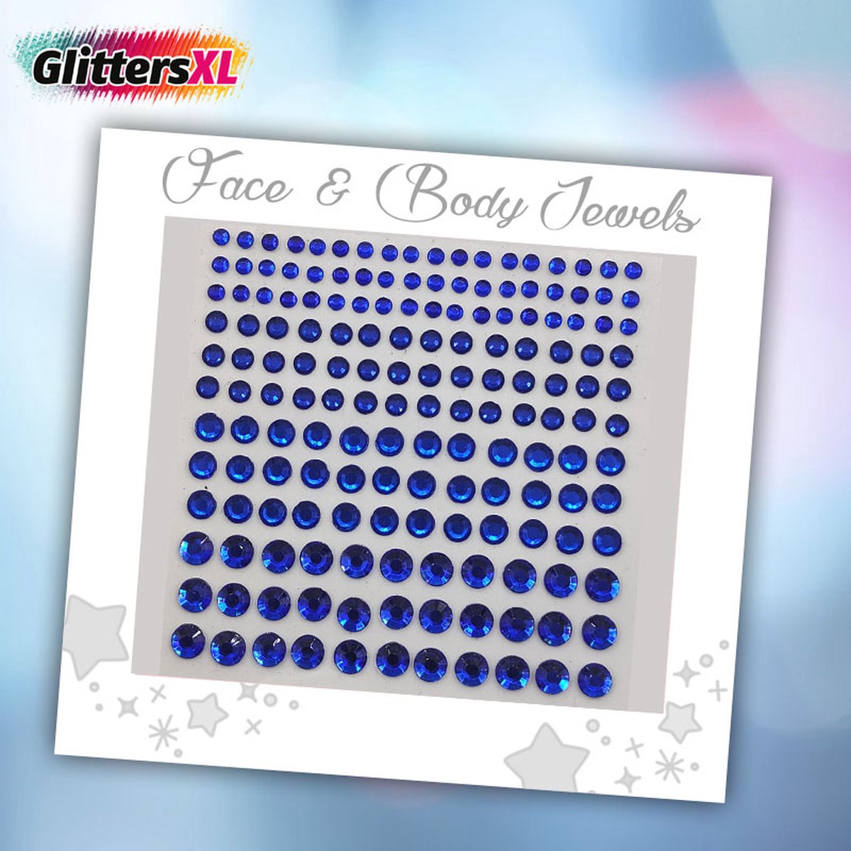 GlittersXL - Face & Body Jewels (165 Diamantjes Blauw) [Dots Strass Steentjes met Zelfklevend Plaklaag - Sticker Diamantjes voor Lichaam en Gezicht - Festival Tattoo Set Outfit Glitter - Juwelen Rhinestones Rhine stones - Plak Diamantjes]